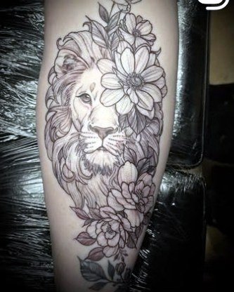 Lion among flowers in black and grey