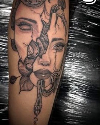 Medusa portrait with coiling serpents in fine-line black and grey